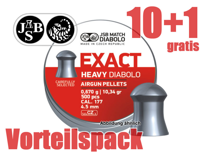 10+1 GRATIS x 500 St JSB Rundkopf-Diabolo EXACT HEAVY, FT, Kal. 4,52 mm, 0,670 g