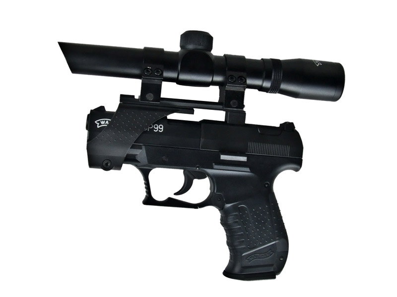 CO2 Pistole Walther CP99 schwarz Kaliber 4,5 mm Diabolo (P18)<b>+ Zielfernrohr 2x20 Montage Weaverschiene</b>