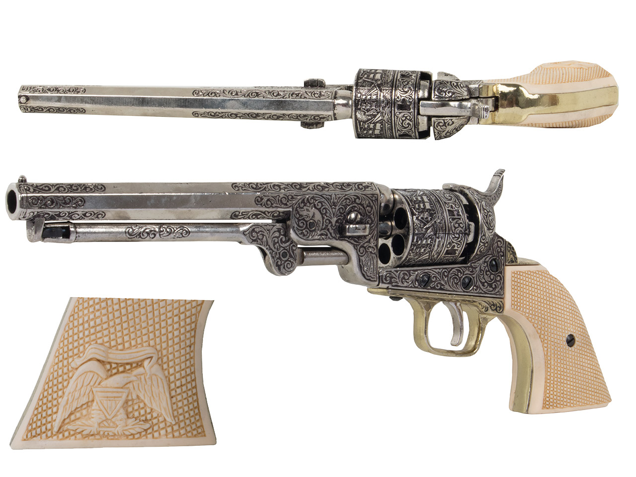 Deko Vorderlader Revolver Amerikanischer Bürgerkrieg Marine Revolver USA 1851 Länge 35 cm altgrau weiße Griffe