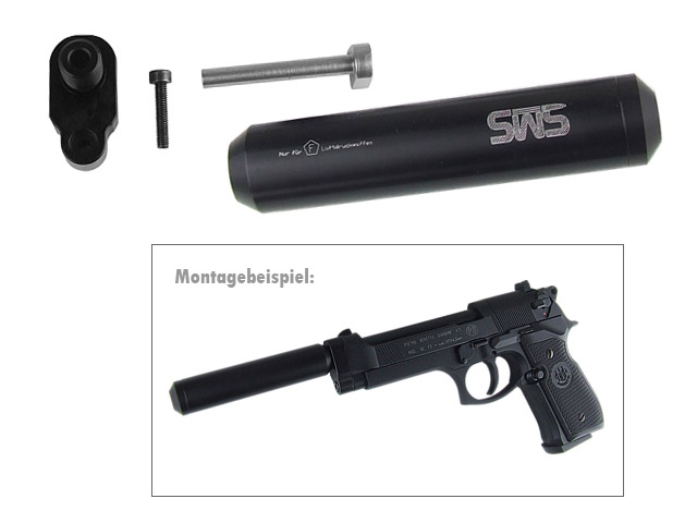 Schalldämpfer mit 1⁄2 UNF Adapter für CO2 Pistole Beretta M92 FS, schwarz (P18)