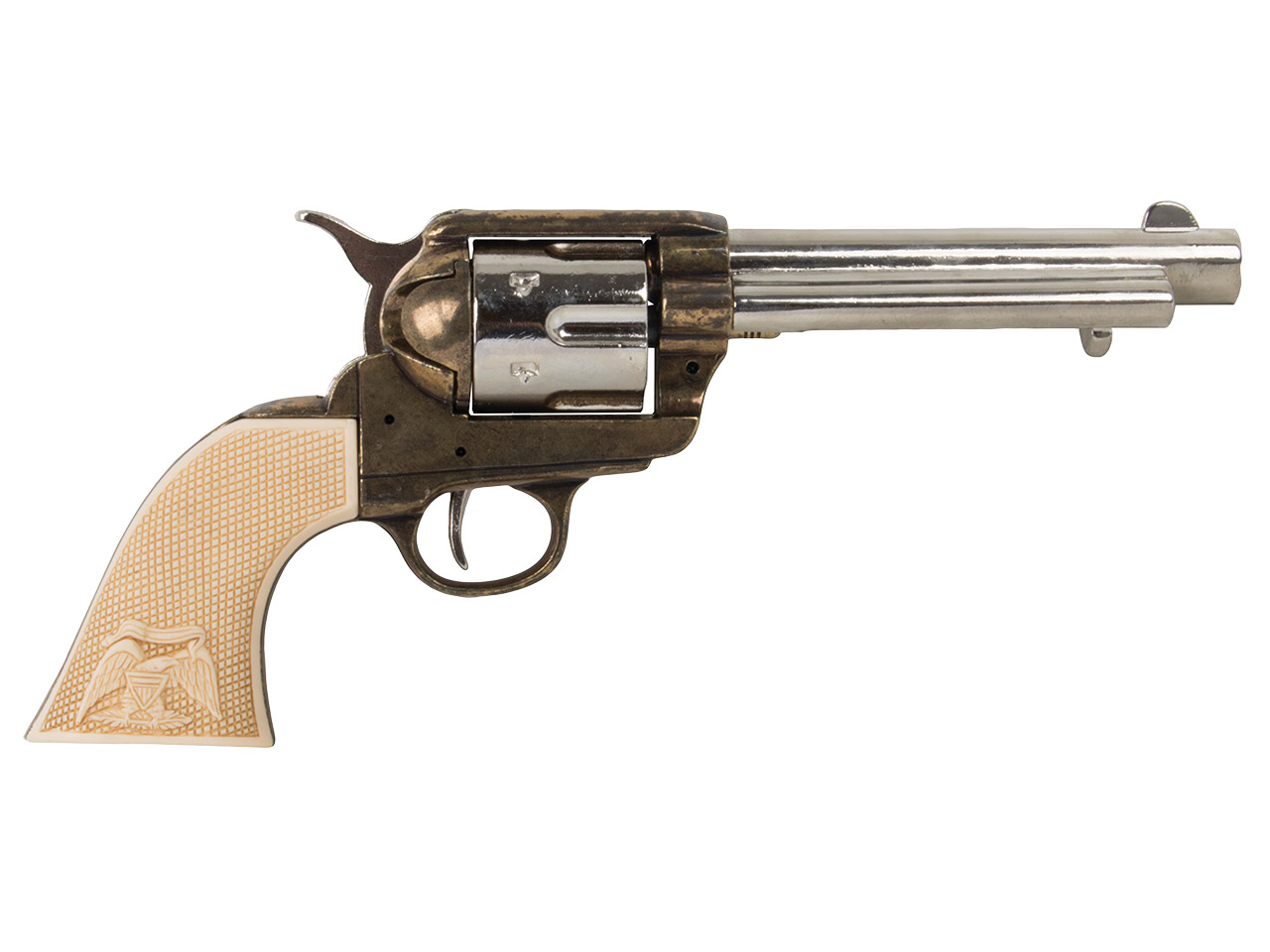 Denix Deko Revolver Colt Peacemaker 1873 5,5 Zoll Kaliber .45 messing chrom weiße Kunstharzgriff