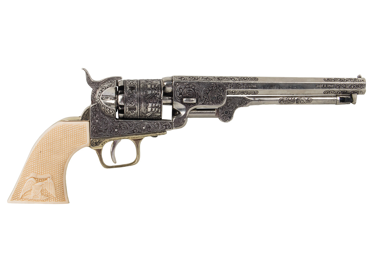 Deko Vorderlader Revolver Amerikanischer Bürgerkrieg Marine Revolver USA 1851 Länge 35 cm altgrau weiße Griffe